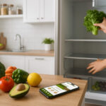 Vue sur une cuisine avec un réfrigérateur ouvert. Et des fruits et légumes disposé sur un plan de travail avec un smartphone ouvert sur l'application Greenshelf