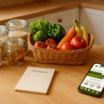 Plan de travail avec des courses de plusieurs produits frais, accompagné d'un carnet et d'un smartphone affichant l'interface de l'application Greendhelf.