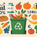 Illustration de représentation du gaspillage alimentaire avec des restes de nourritures et des poubelles de recyclage