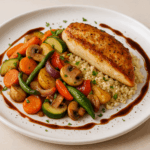 Plat de légumes joliment dressé sur un fond naturel neutre