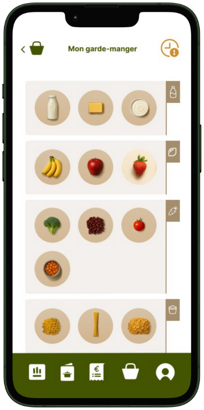 On y voit l'interface de l'application Greenshelf dans l'espace garde-manger